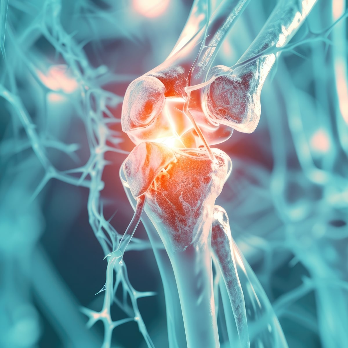 Eine abstrakte digitale Illustration eines Kniegelenks mit hervorgehobener Entzündung, erstellt für das Ortho Health Institut in München. Die umgebenden Bänder und Gewebe sind in Blau- und Weißtönen dargestellt, mit einem hellen rot-orangen Leuchten am Gelenk, das auf Schmerzen oder Schwellungen hinweist.