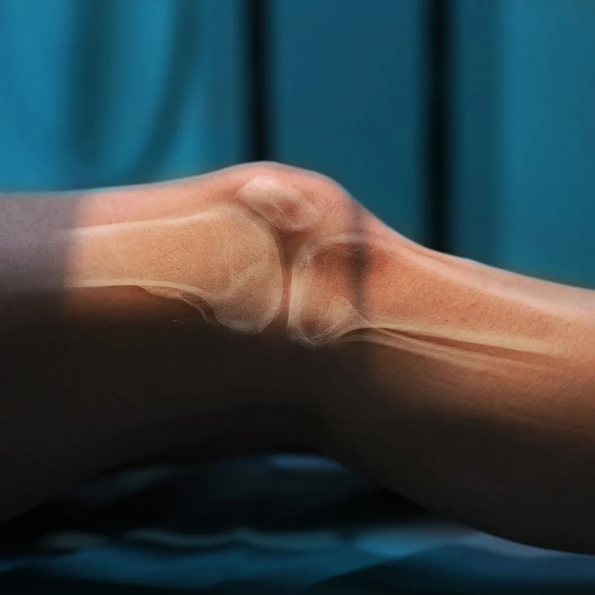 Ortho-Health-Institut-Muenchen-Privatpraxis-Kniespezialist-Sportmedizin-Kompetenz-Knie-Kniegelenk-1149083062 Ein menschliches Knie ist teilweise sichtbar, mit einer künstlerischen Überlagerung, die die Skelettstruktur einschließlich Oberschenkelknochen, Kniescheibe und Schienbein zeigt. Der Hintergrund ist unscharf und weist Blau- und Grüntöne auf.